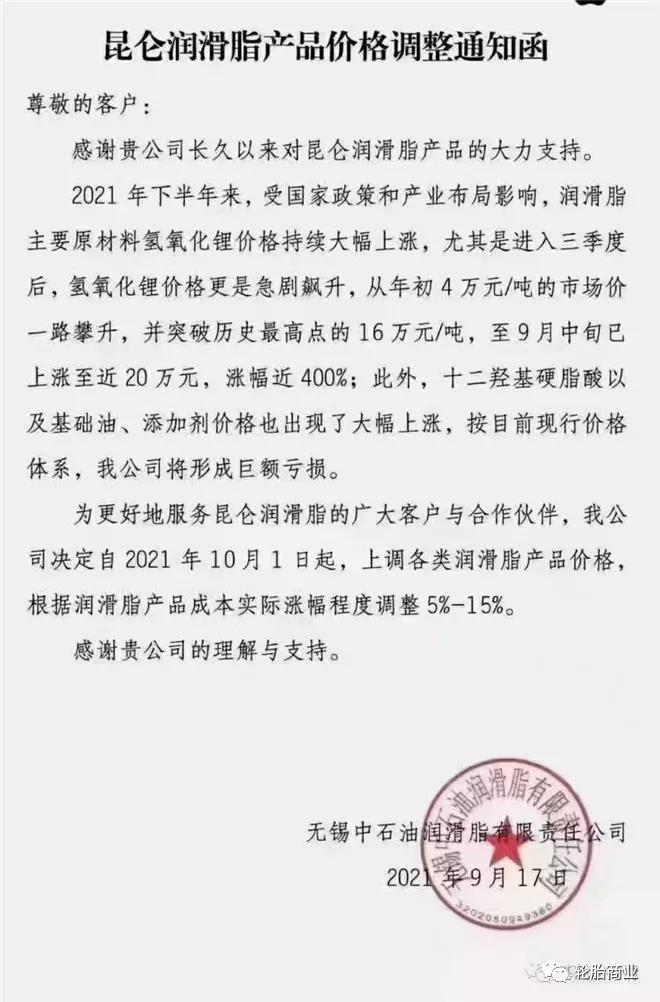 昆仑润滑油涨价5-15% 昆仑润滑油涨价5-15%