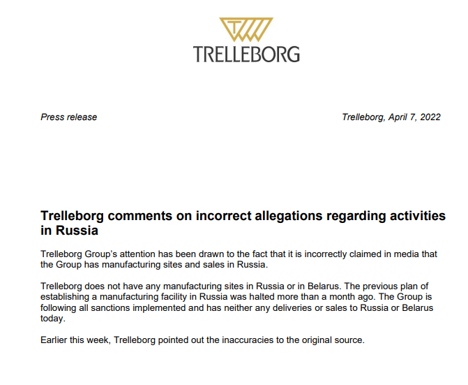 特瑞堡暂停在俄建设密封件工厂的计划 特瑞堡暂停在俄建设密封件工厂的计划